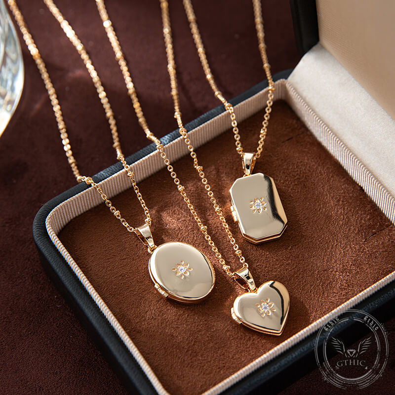 Simple Zirconic Oval Heart Photo Album Copper Locket Necklace