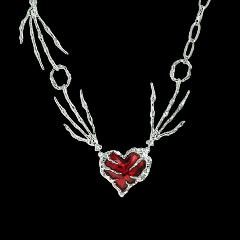 Skeleton Hands Red Heart Alloy Choker Necklace