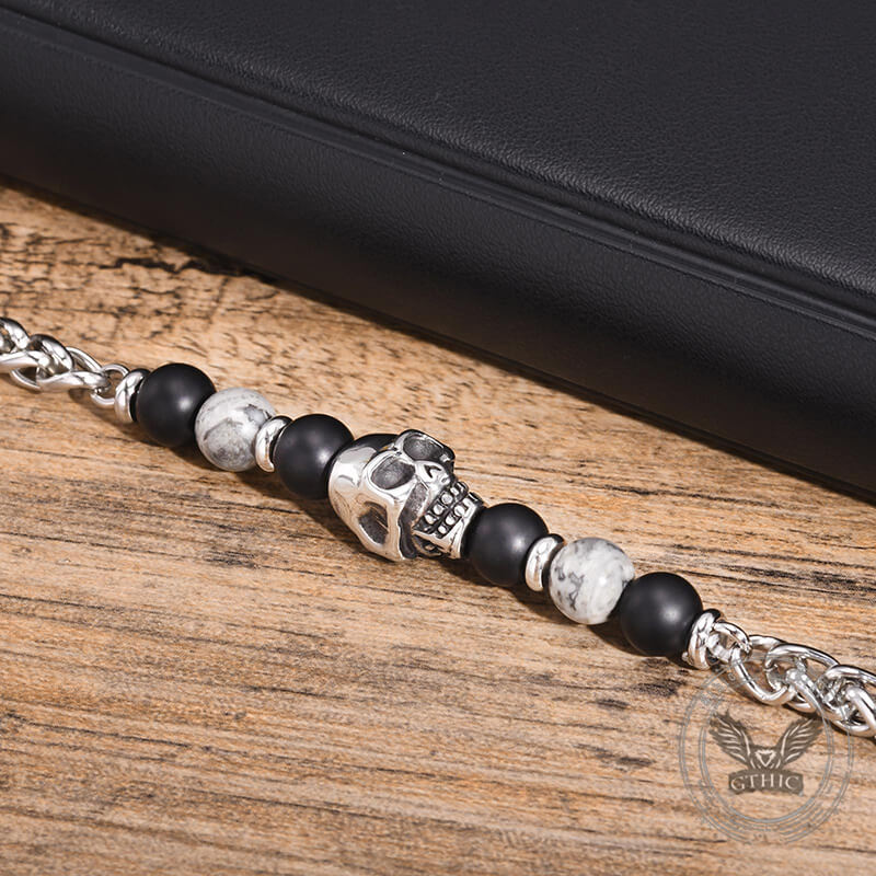 Skull Head Carnelian Map Stone Bracelet in Stainless Steel