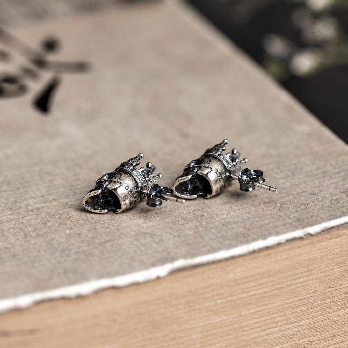 Skull King Crown Stud Earrings in Sterling Silver