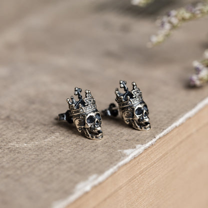 Skull King Crown Stud Earrings in Sterling Silver