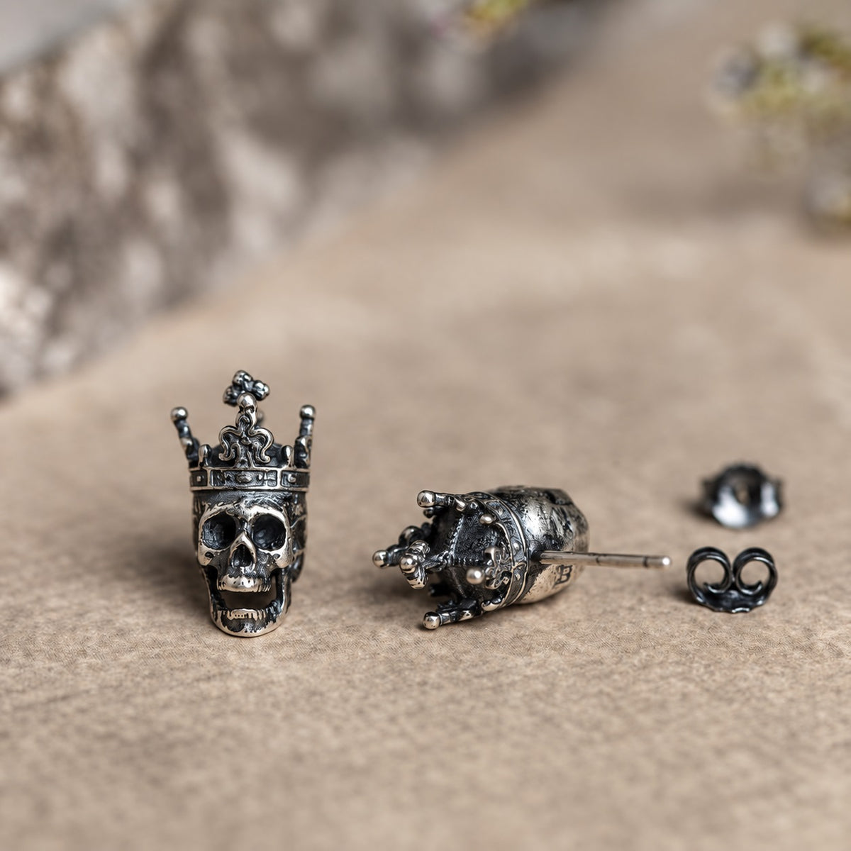 Skull King Crown Stud Earrings in Sterling Silver