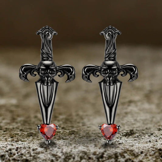 Skull Sword Gothic Stud Earrings in Sterling Silver