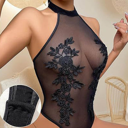 Slim Fit Sexy See-Through Embroidery Halter Neck Bodysuit