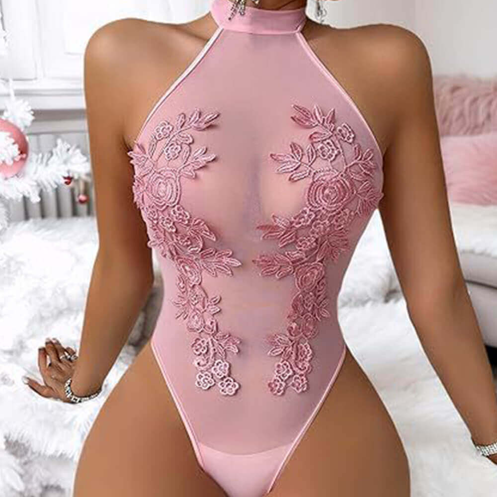 Slim Fit Sexy See-Through Embroidery Halter Neck Bodysuit