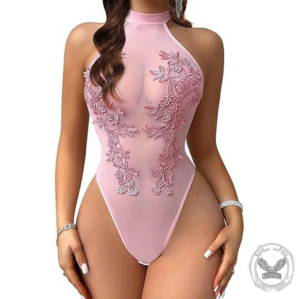 Slim Fit Sexy See-Through Embroidery Halter Neck Bodysuit