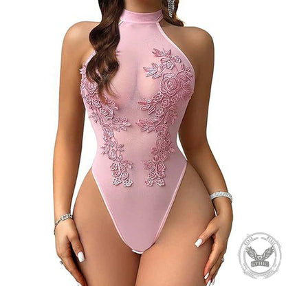 Slim Fit Sexy See-Through Embroidery Halter Neck Bodysuit