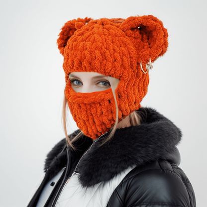 Solid Color Bear Ear Knit Balaclava Hat