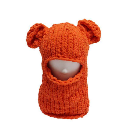 Solid Color Bear Ear Knit Balaclava Hat