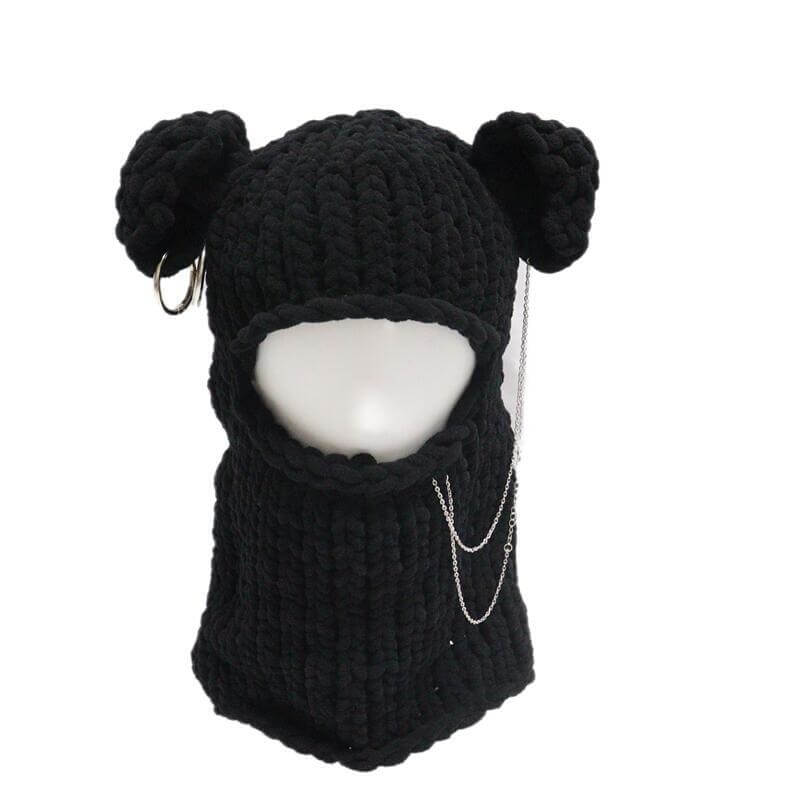 Solid Color Bear Ear Knit Balaclava Hat