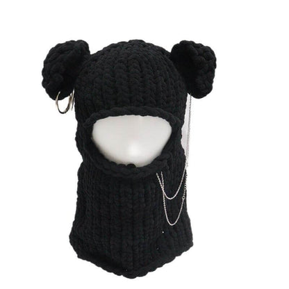 Solid Color Bear Ear Knit Balaclava Hat