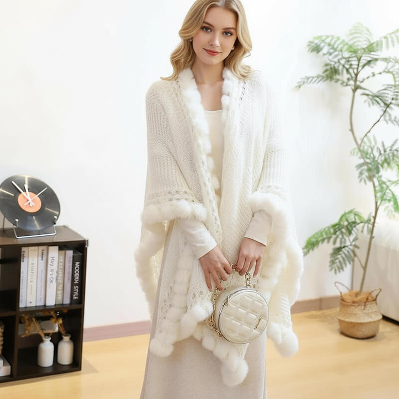 Solid Color Frayed-Edge Openwork Cape Shawl