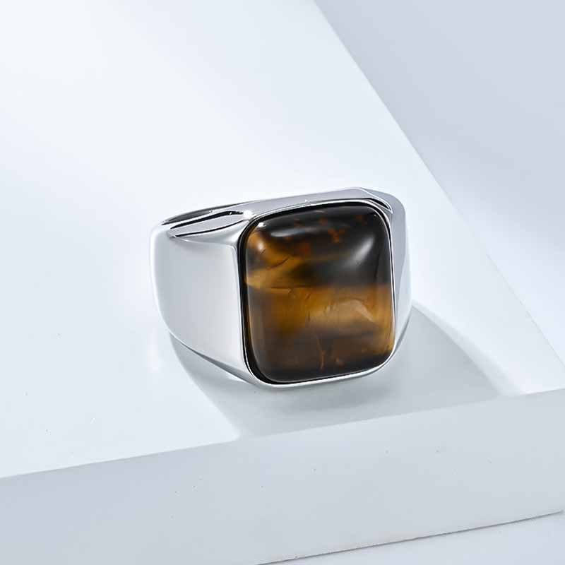 Square Tiger Eye Stone Ring in Stainless Steel