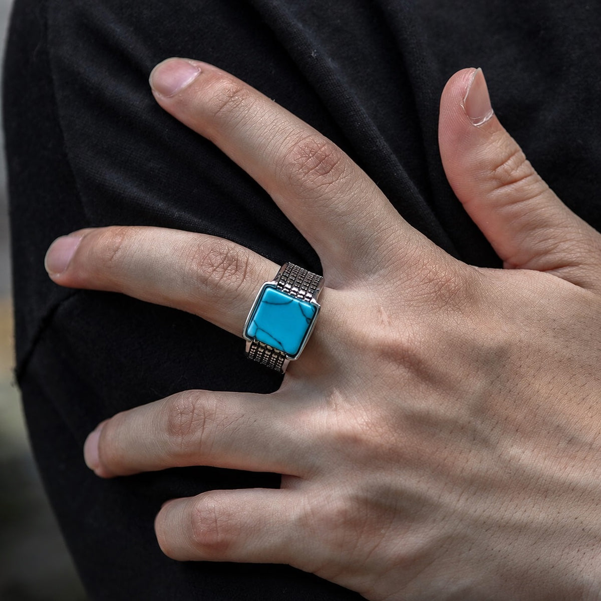 Square Turquoise Ring in Stainless Steel