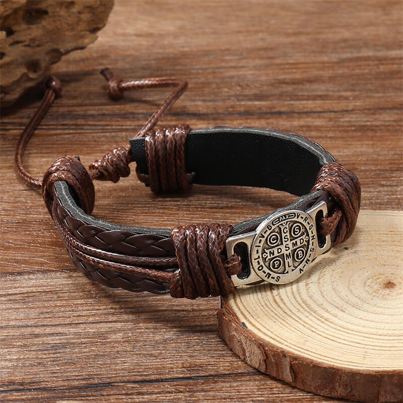 St. Benedict Braided Leather Cross Adjustable Bracelet