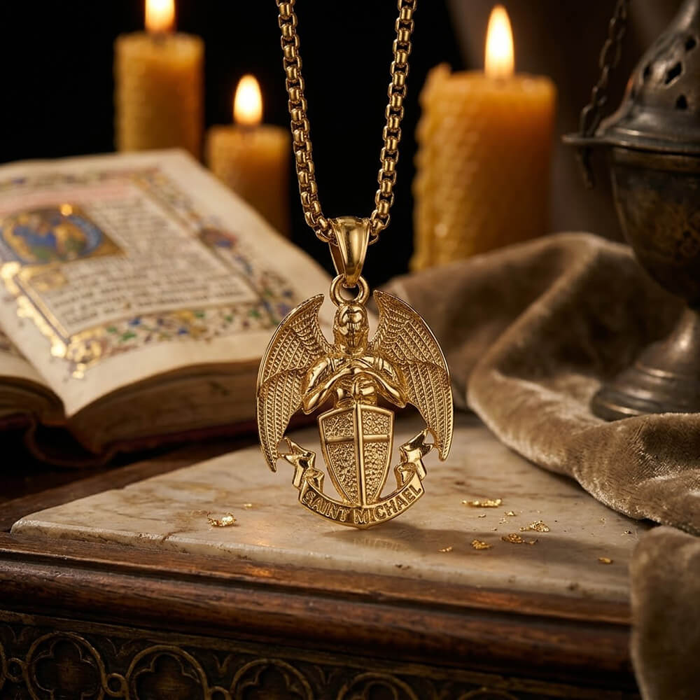 St. Michael Cross Shield Pendant in Stainless Steel