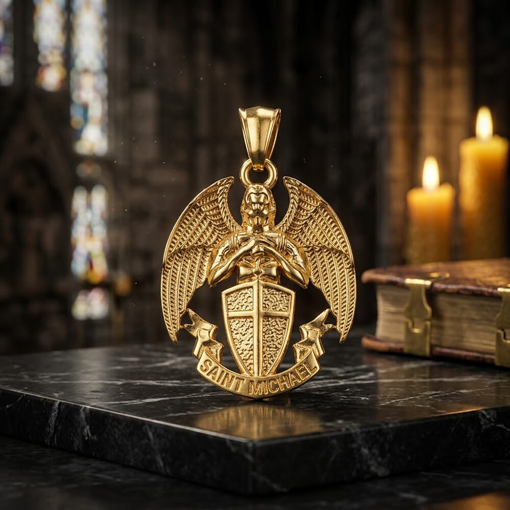 St. Michael Cross Shield Pendant in Stainless Steel