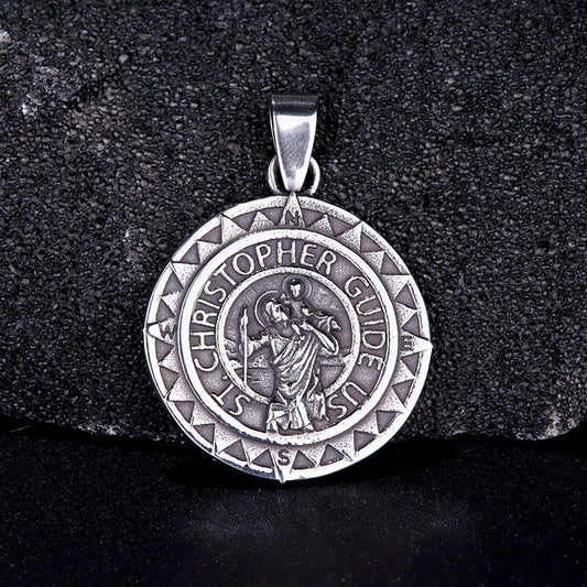 St. Christopher Protect Us Pendant in Stainless Steel