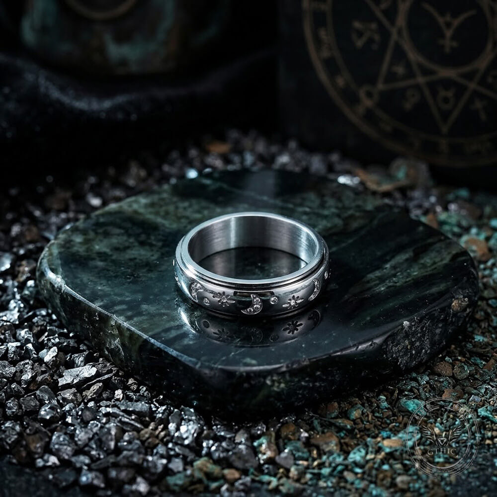 Star And Moon Gem Stainless Steel Spinner Ring