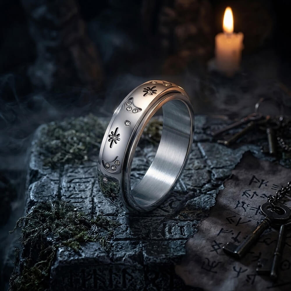 Star And Moon Gem Stainless Steel Spinner Ring