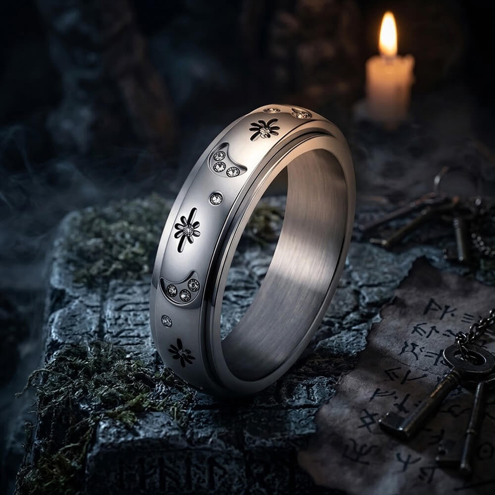 Star And Moon Gem Stainless Steel Spinner Ring