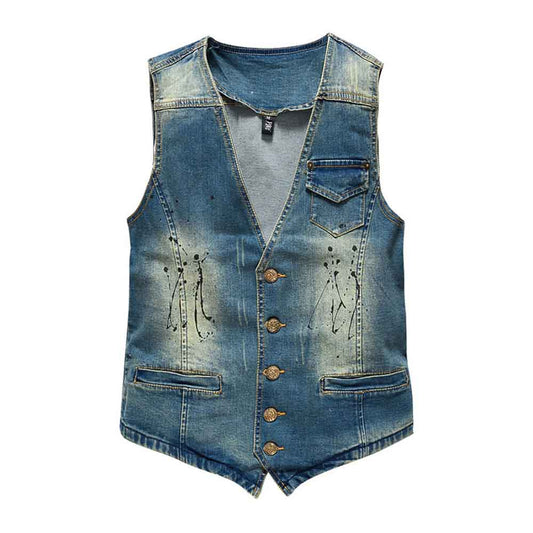 Street Ink Splash V-Neck Biker Cotton Denim Vest
