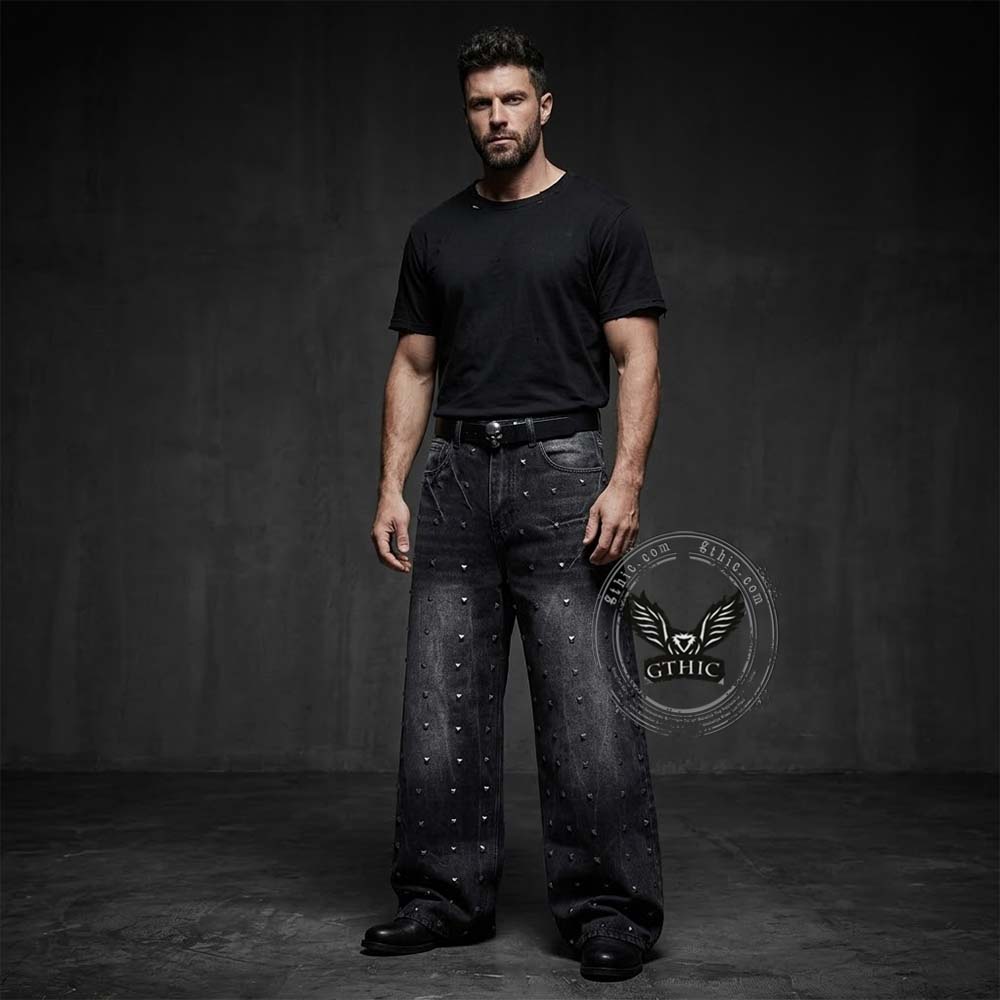Street Punk Studded Design Wide Leg Baggy Jeans
