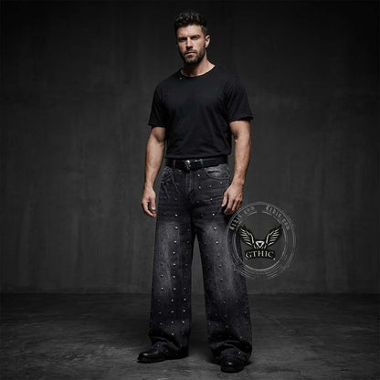 Street Punk Studded Design Wide Leg Baggy Jeans