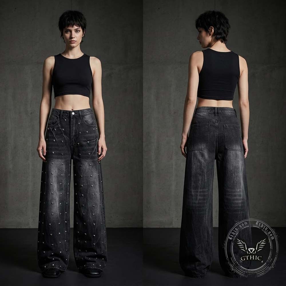 Street Punk Studded Design Wide Leg Baggy Jeans