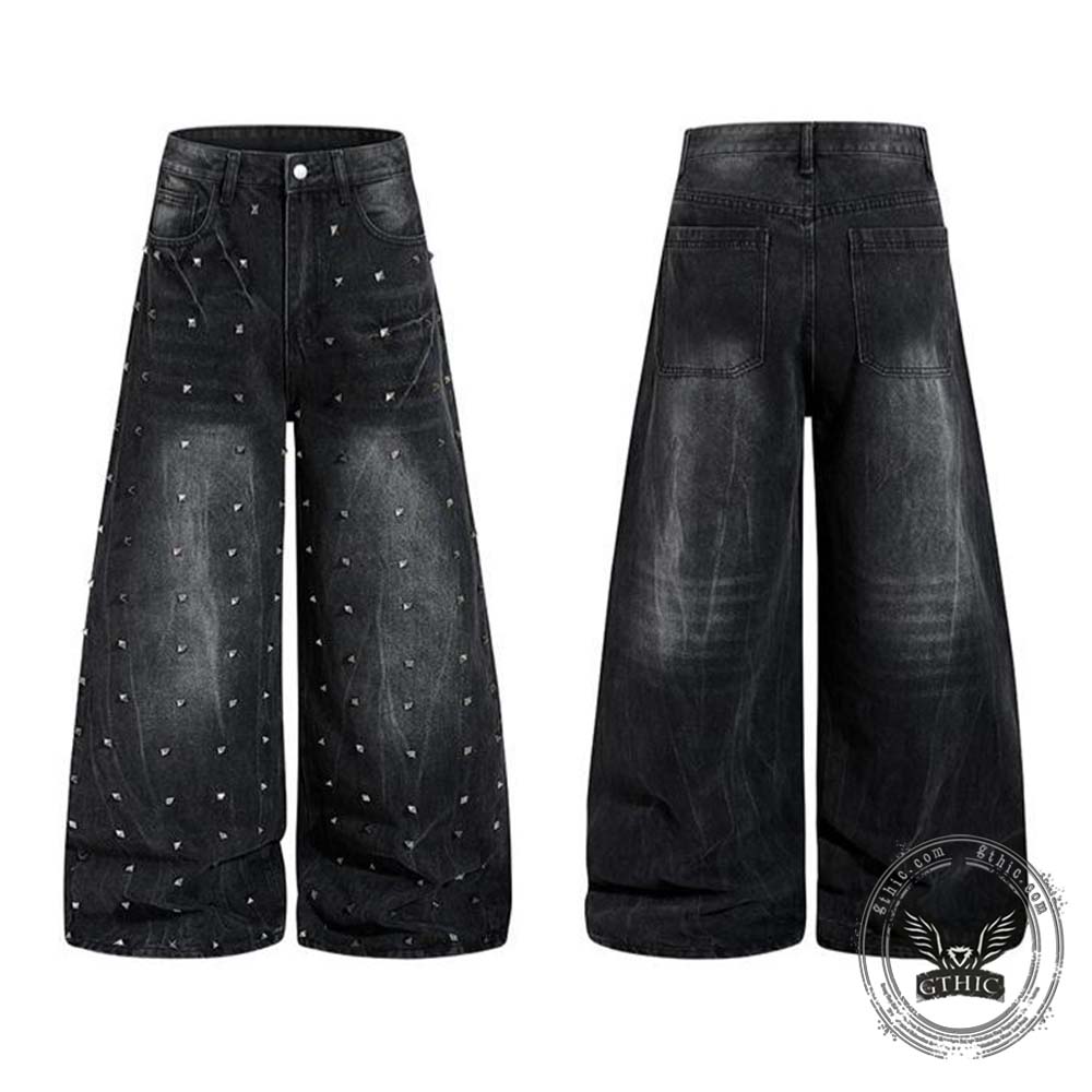 Street Punk Studded Design Wide Leg Baggy Jeans