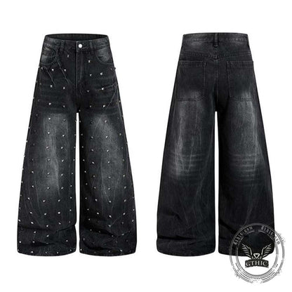 Street Punk Studded Design Wide Leg Baggy Jeans