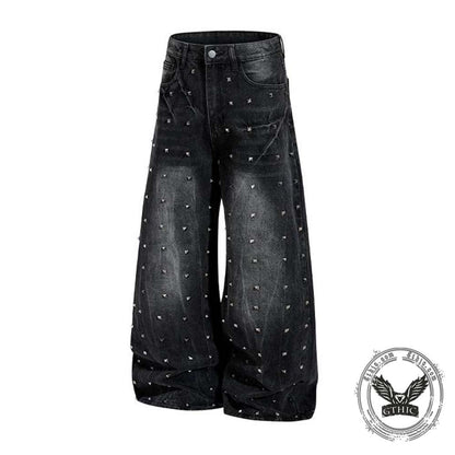 Street Punk Studded Design Wide Leg Baggy Jeans