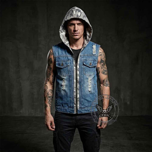 Stylish Camo Patchwork Distressed Hooded Denim Vest