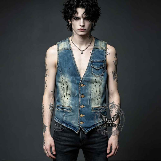 Stylish Ink Splash Print Slim Fit V-Neck Denim Vest