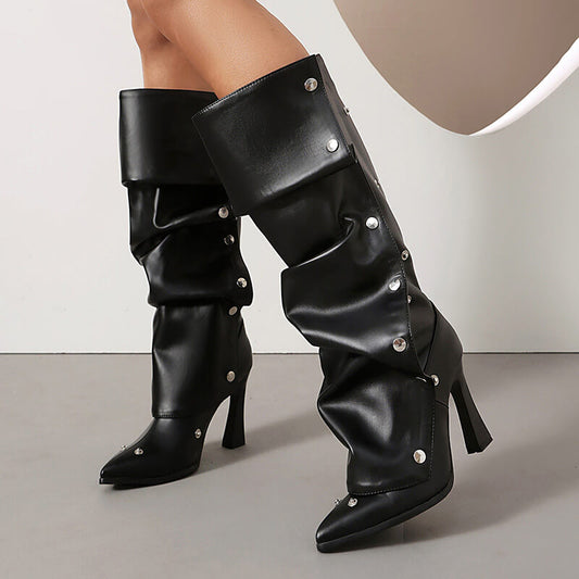 Stylish Pointed-Toe Studded Stacking Stiletto High Boots