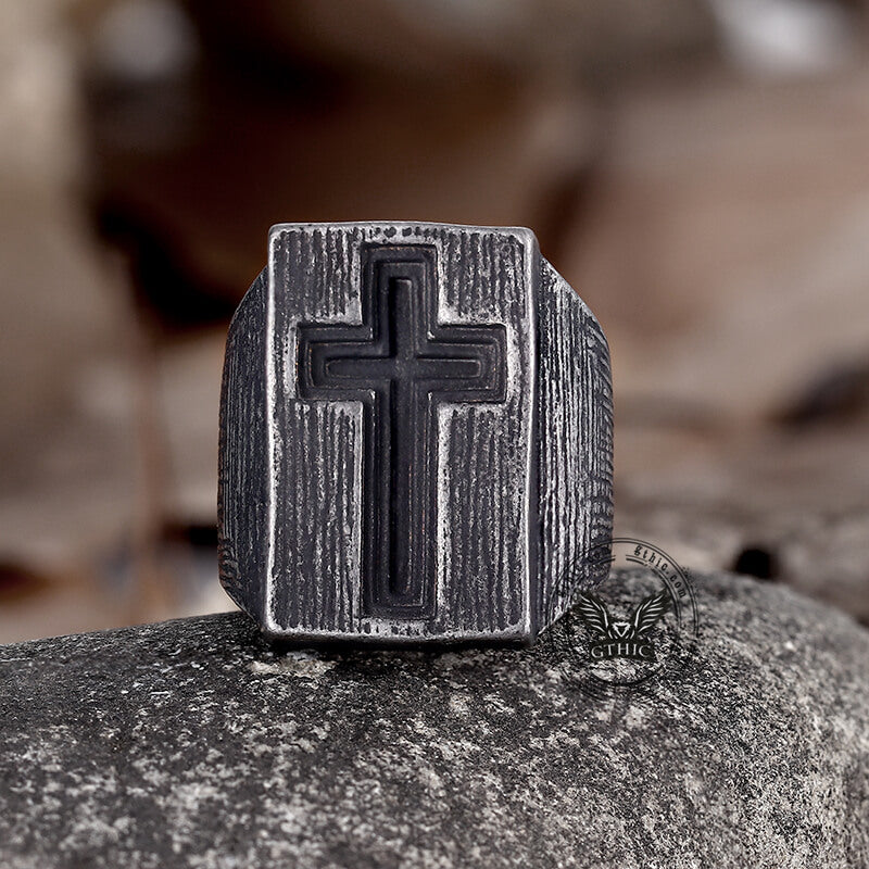 The Gate of Heaven Cross Ring in Stainless Steel