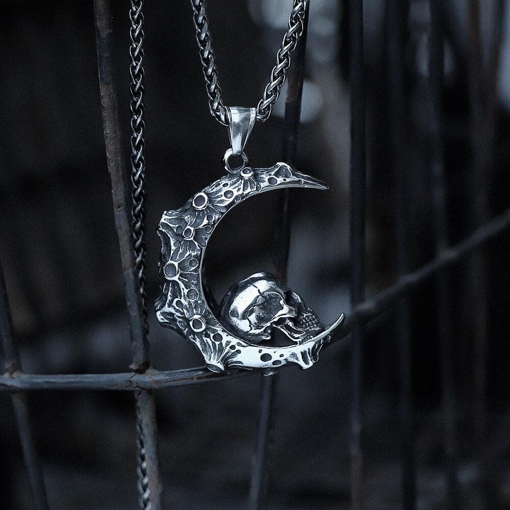 The Moon and Skull Pendant in Stainless Steel
