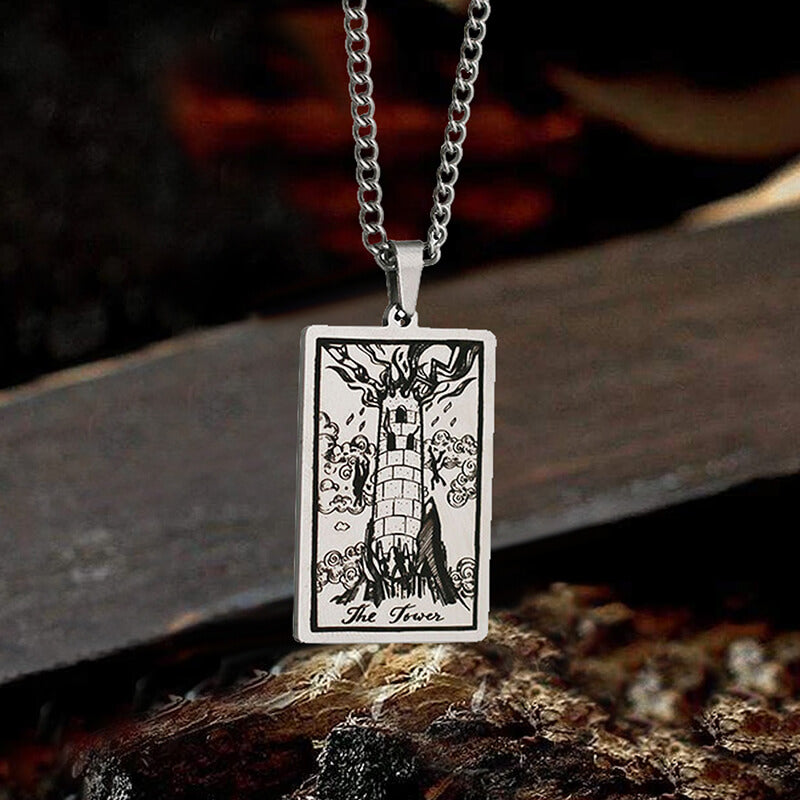 The Tower Major Arcana Tarot Necklace in Stainless Steel