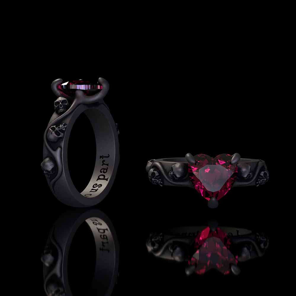 Till Death Do Us Part Heart Gem Sterling Silver Skull Ring