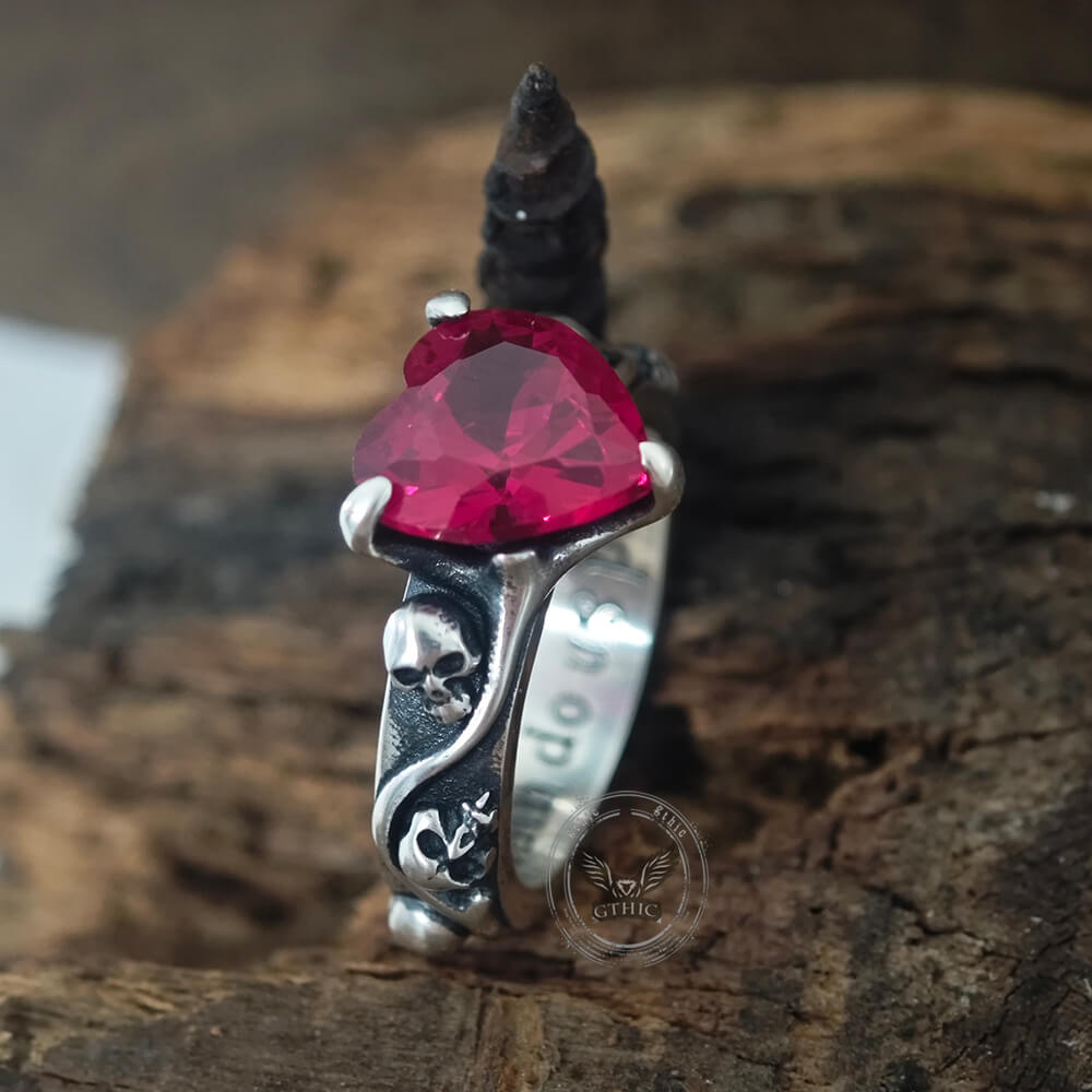 Till Death Do Us Part Heart Gem Sterling Silver Skull Ring