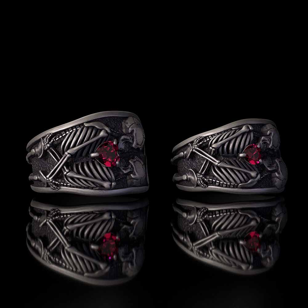 Till Death Do Us Part Skull Gem Sterling Silver Couple Ring