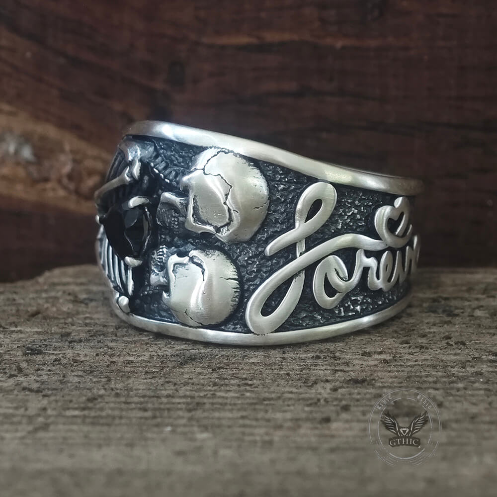 Till Death Do Us Part Skull Gem Sterling Silver Couple Ring