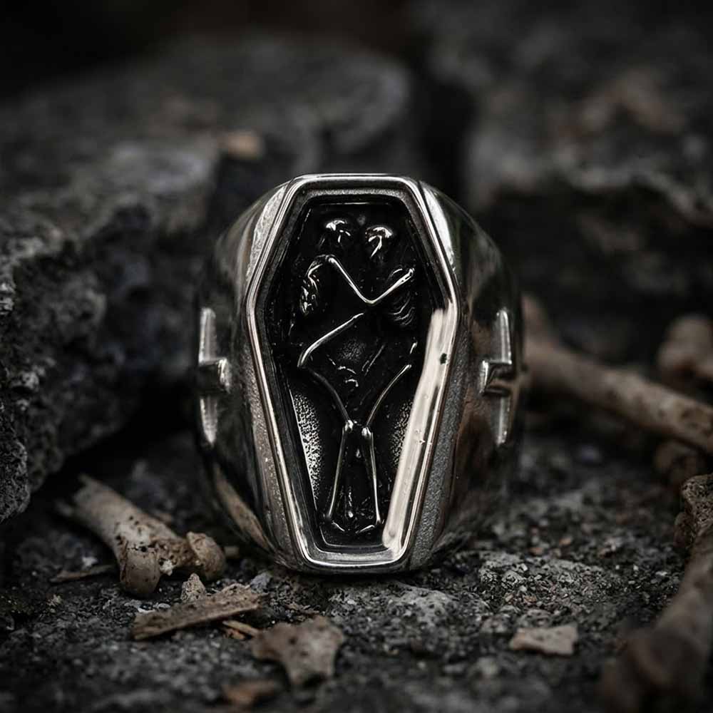 Till Death Skull Coffin Cross Stainless Steel Ring