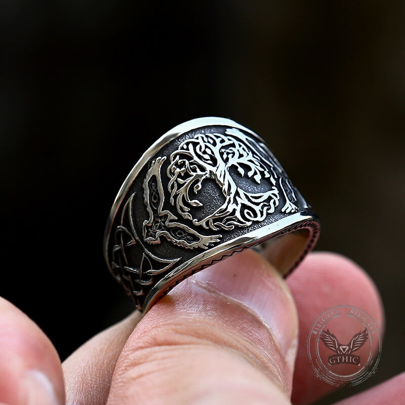 Tree of Life Raven Viking Ring in Stainless Steel