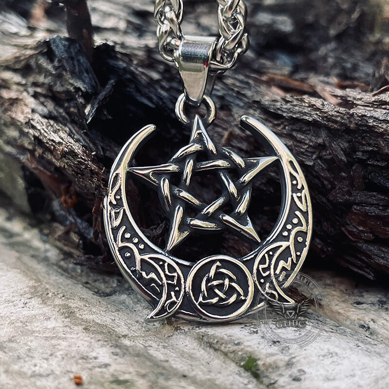 Triple Moon Pentagram Pendant in Stainless Steel