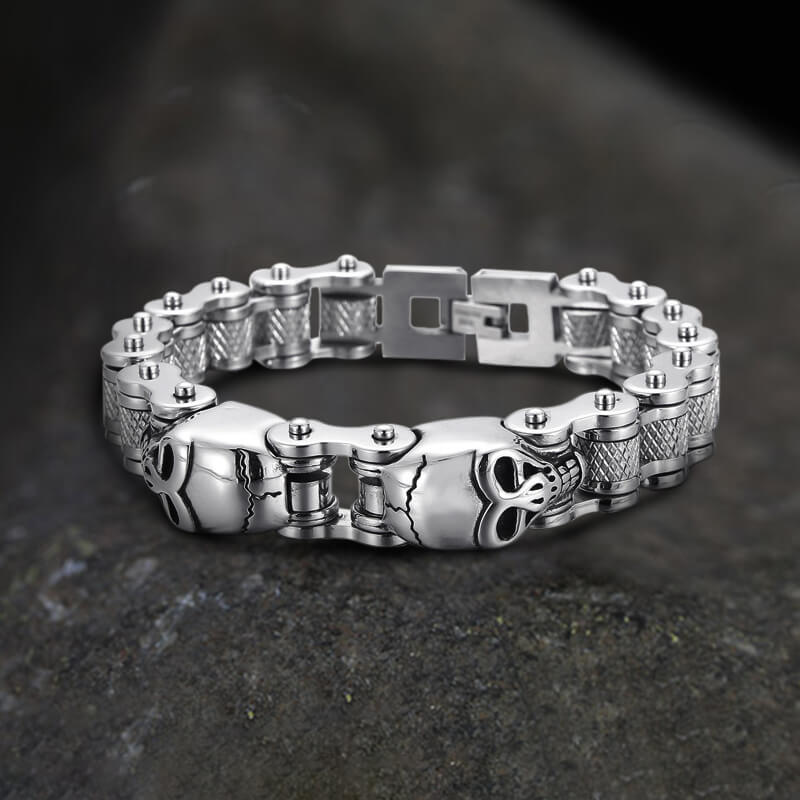 Two Skulls Biker Bracelet in Stainless Steel