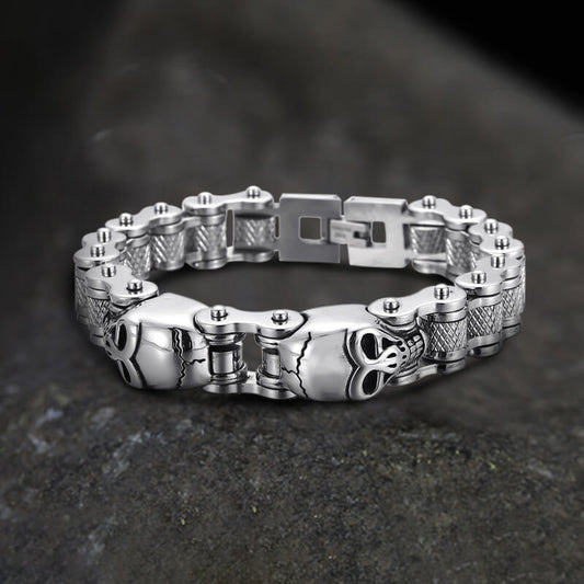 Two Skulls Biker Bracelet in Stainless Steel