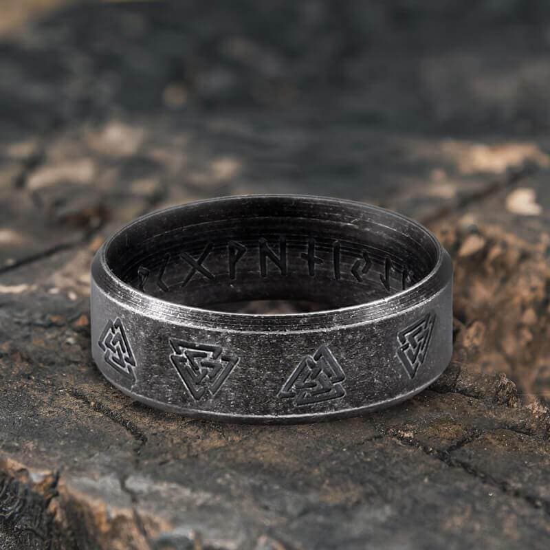Valknut and Runes Viking Ring in Stainless Steel