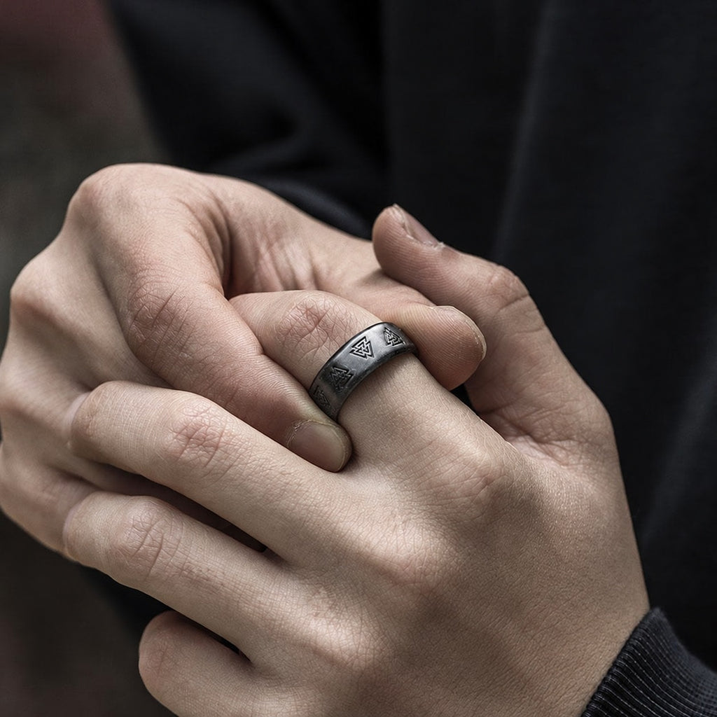 Valknut and Runes Viking Ring in Stainless Steel