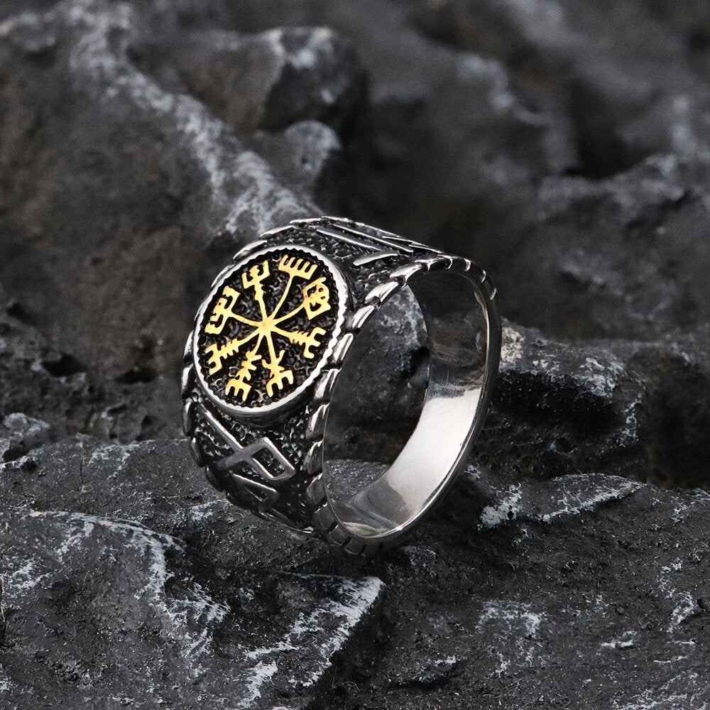 Vegvisir and Runes Viking Ring in Stainless Steel